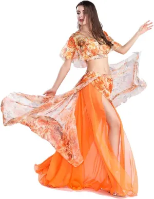 ROYAL SMEELA Belly Dance Costume Set for Women Chiffon Belly Dancing Skirt and Tops Sexy Dancing Dress Outfit One Size