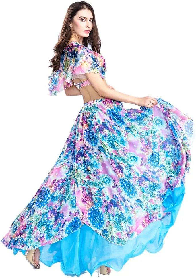 ROYAL SMEELA Belly Dance Costume Set for Women Chiffon Belly Dancing Skirt and Tops Sexy Dancing Dress Outfit One Size