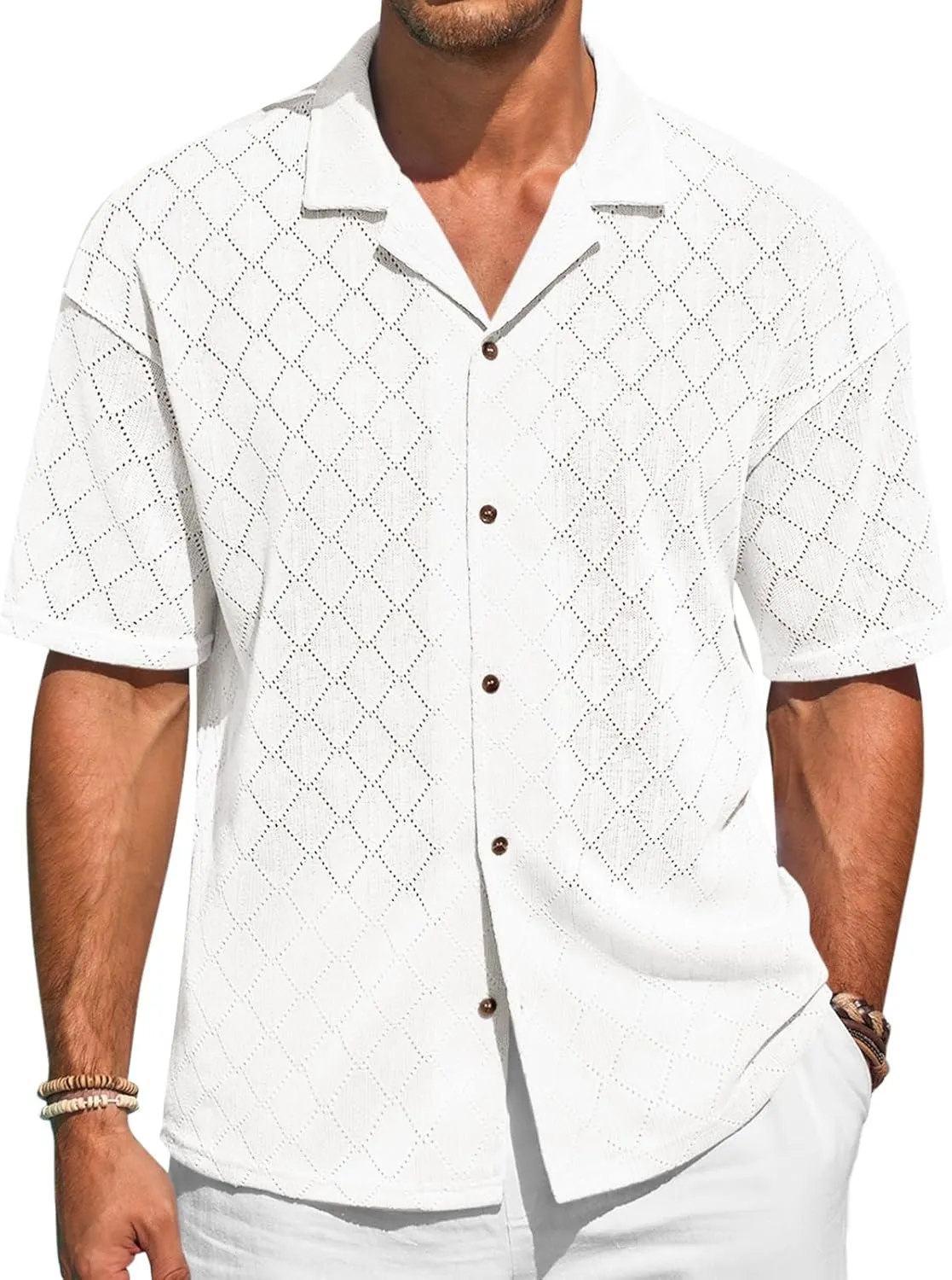Runcati Mens Knit Button Down Shirts Casual Cuban Collar Short Sleeve Shirt Summer Beach Hollow Out Tops