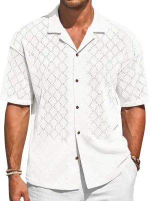 Runcati Mens Knit Button Down Shirts Casual Cuban Collar Short Sleeve Shirt Summer Beach Hollow Out Tops