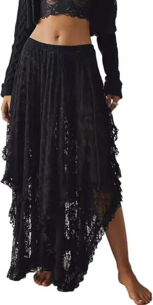 R.Vivimos Women Lace Long Skirts Summer Elastic Asymmetrical Layered Hem Sexy See-Through Beach Floral Maxi Skirts