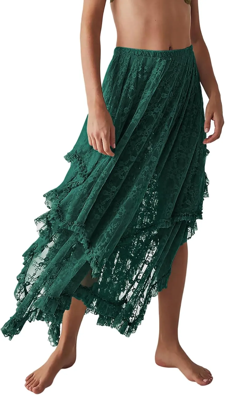 R.Vivimos Women Lace Long Skirts Summer Elastic Asymmetrical Layered Hem Sexy See-Through Beach Floral Maxi Skirts