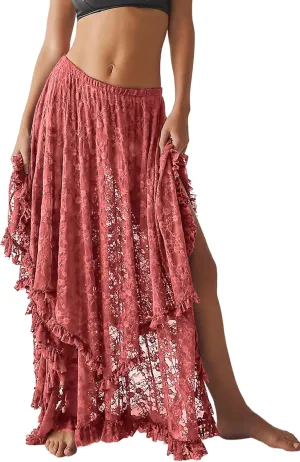 R.Vivimos Women Lace Long Skirts Summer Elastic Asymmetrical Layered Hem Sexy See-Through Beach Floral Maxi Skirts
