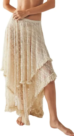 R.Vivimos Women Lace Long Skirts Summer Elastic Asymmetrical Layered Hem Sexy See-Through Beach Floral Maxi Skirts