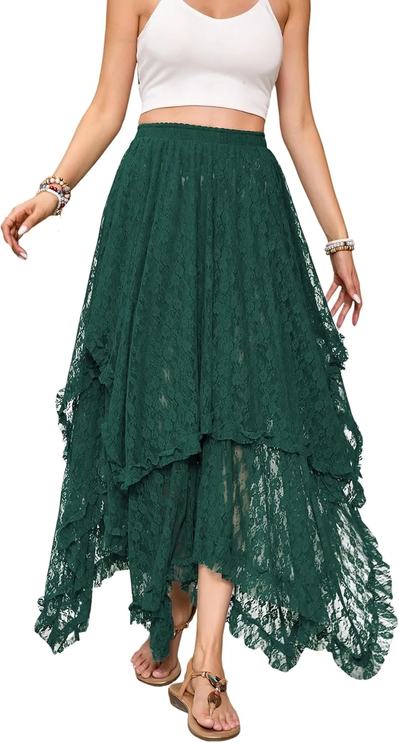 R.Vivimos Women Lace Long Skirts Summer Elastic Asymmetrical Layered Hem Sexy See-Through Beach Floral Maxi Skirts
