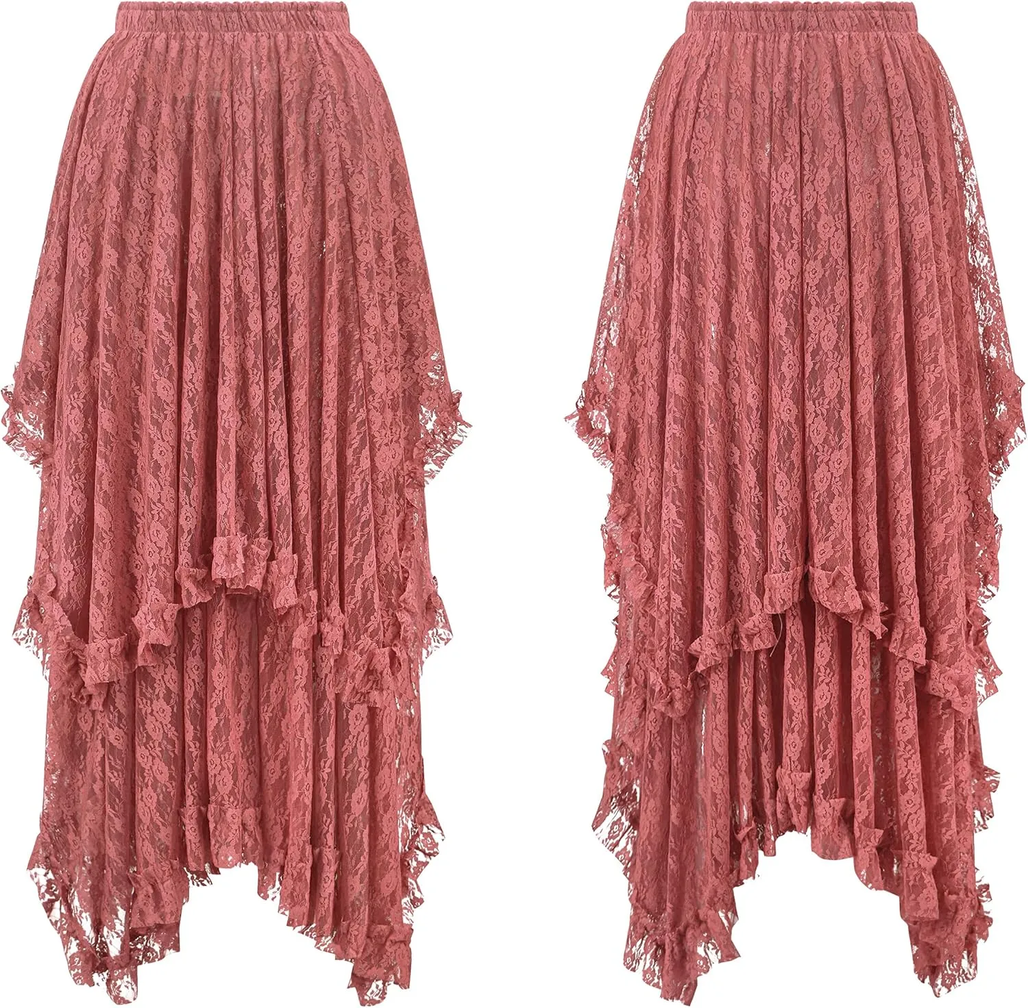 R.Vivimos Women Lace Long Skirts Summer Elastic Asymmetrical Layered Hem Sexy See-Through Beach Floral Maxi Skirts