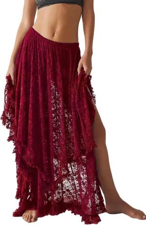 R.Vivimos Women Lace Long Skirts Summer Elastic Asymmetrical Layered Hem Sexy See-Through Beach Floral Maxi Skirts
