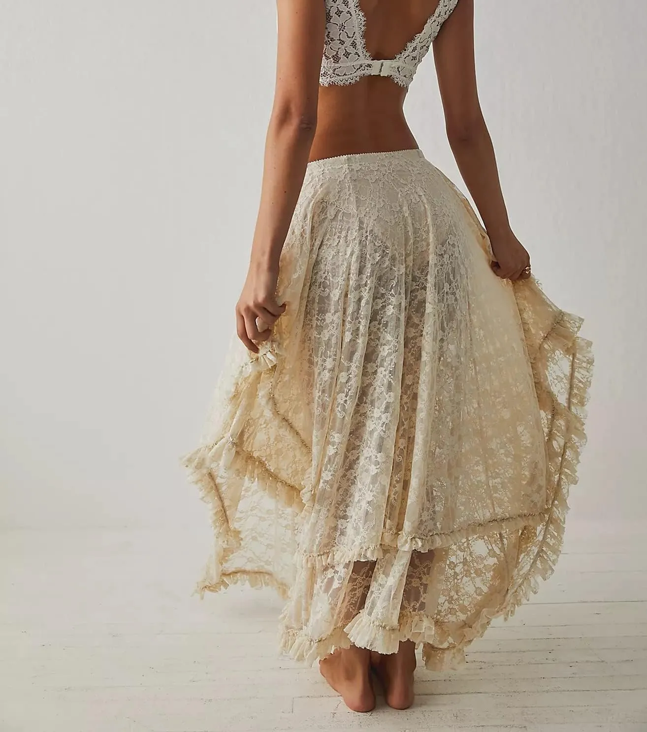 R.Vivimos Women Lace Long Skirts Summer Elastic Asymmetrical Layered Hem Sexy See-Through Beach Floral Maxi Skirts