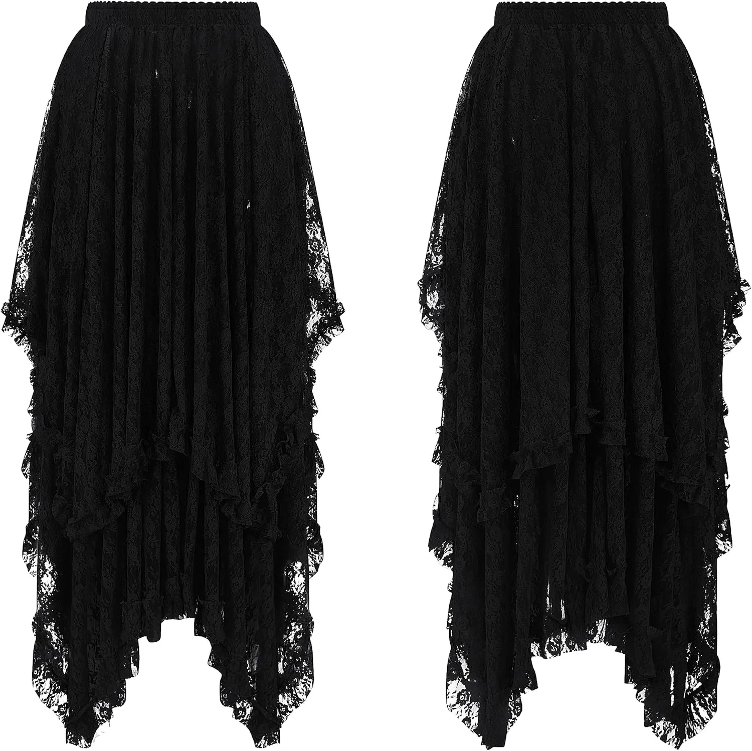 R.Vivimos Women Lace Long Skirts Summer Elastic Asymmetrical Layered Hem Sexy See-Through Beach Floral Maxi Skirts