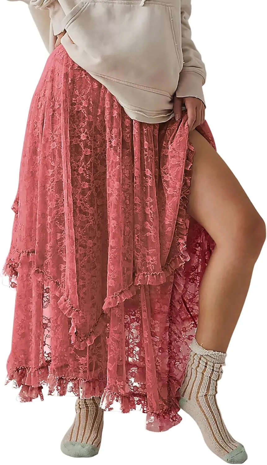 R.Vivimos Women Lace Long Skirts Summer Elastic Asymmetrical Layered Hem Sexy See-Through Beach Floral Maxi Skirts