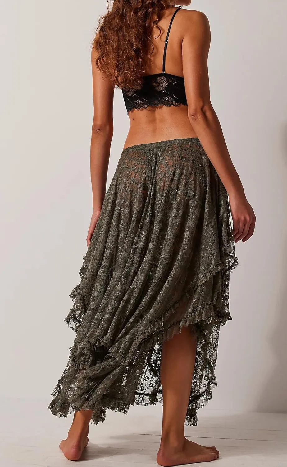 R.Vivimos Women Lace Long Skirts Summer Elastic Asymmetrical Layered Hem Sexy See-Through Beach Floral Maxi Skirts