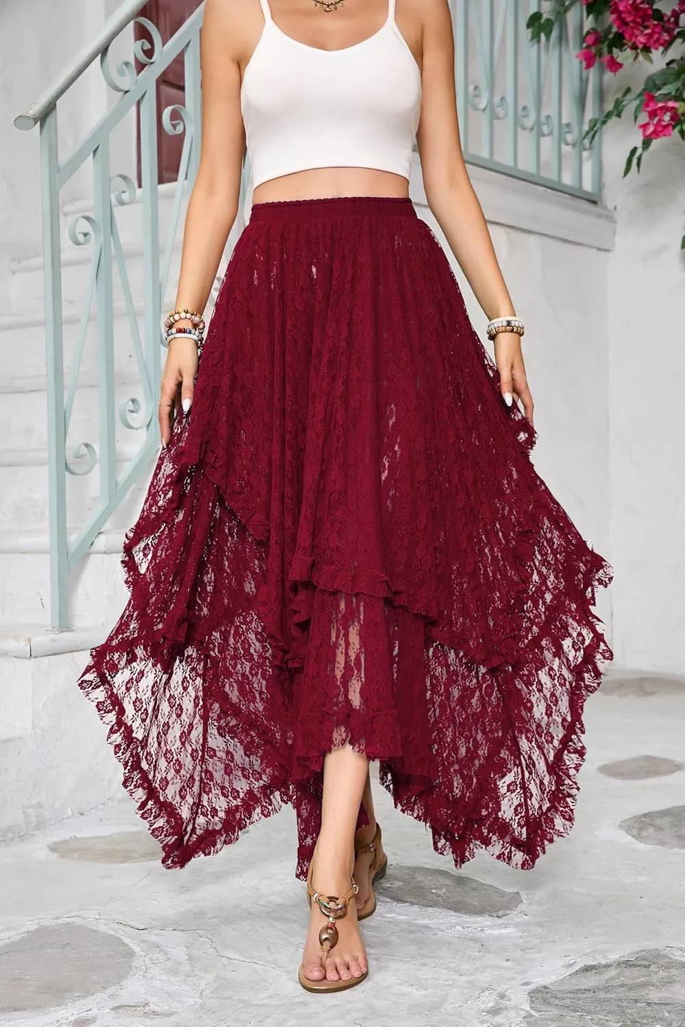 R.Vivimos Women Lace Long Skirts Summer Elastic Asymmetrical Layered Hem Sexy See-Through Beach Floral Maxi Skirts