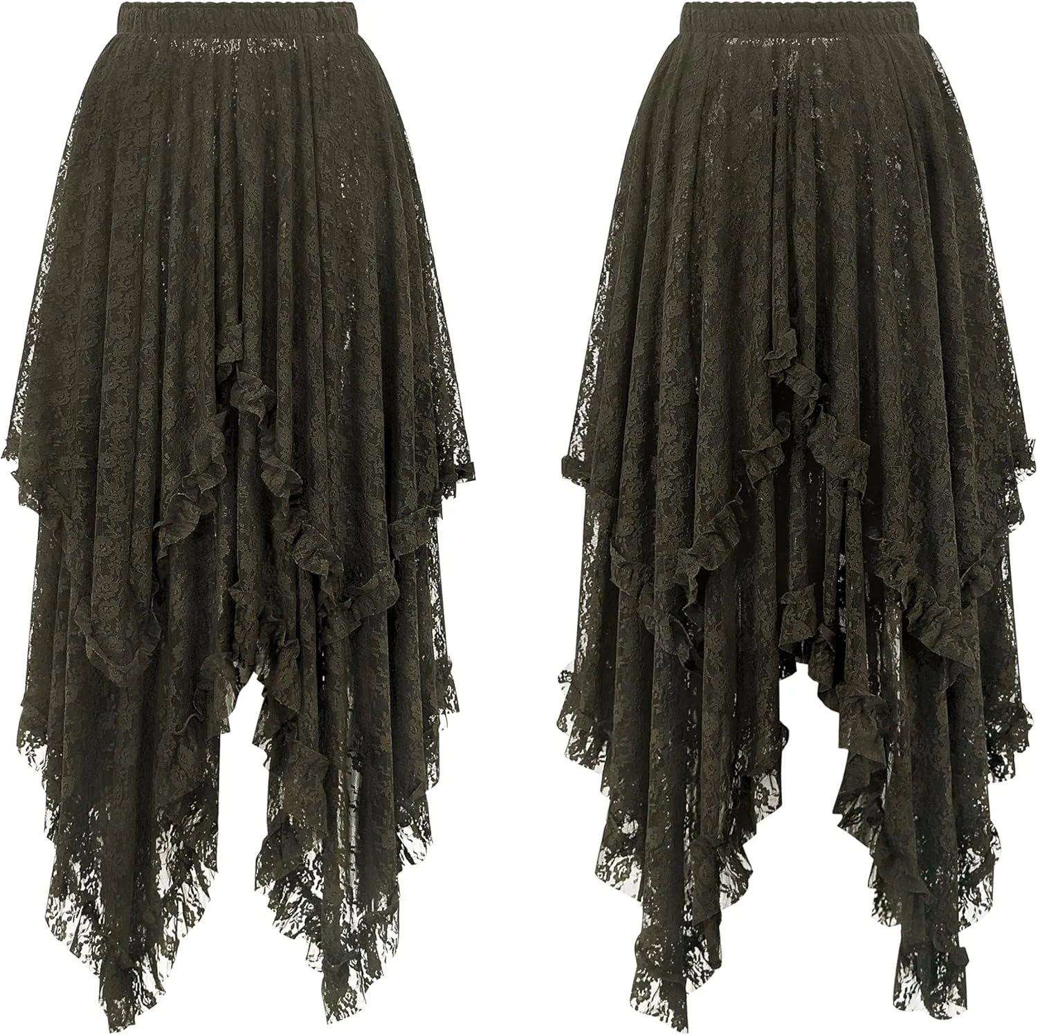 R.Vivimos Women Lace Long Skirts Summer Elastic Asymmetrical Layered Hem Sexy See-Through Beach Floral Maxi Skirts