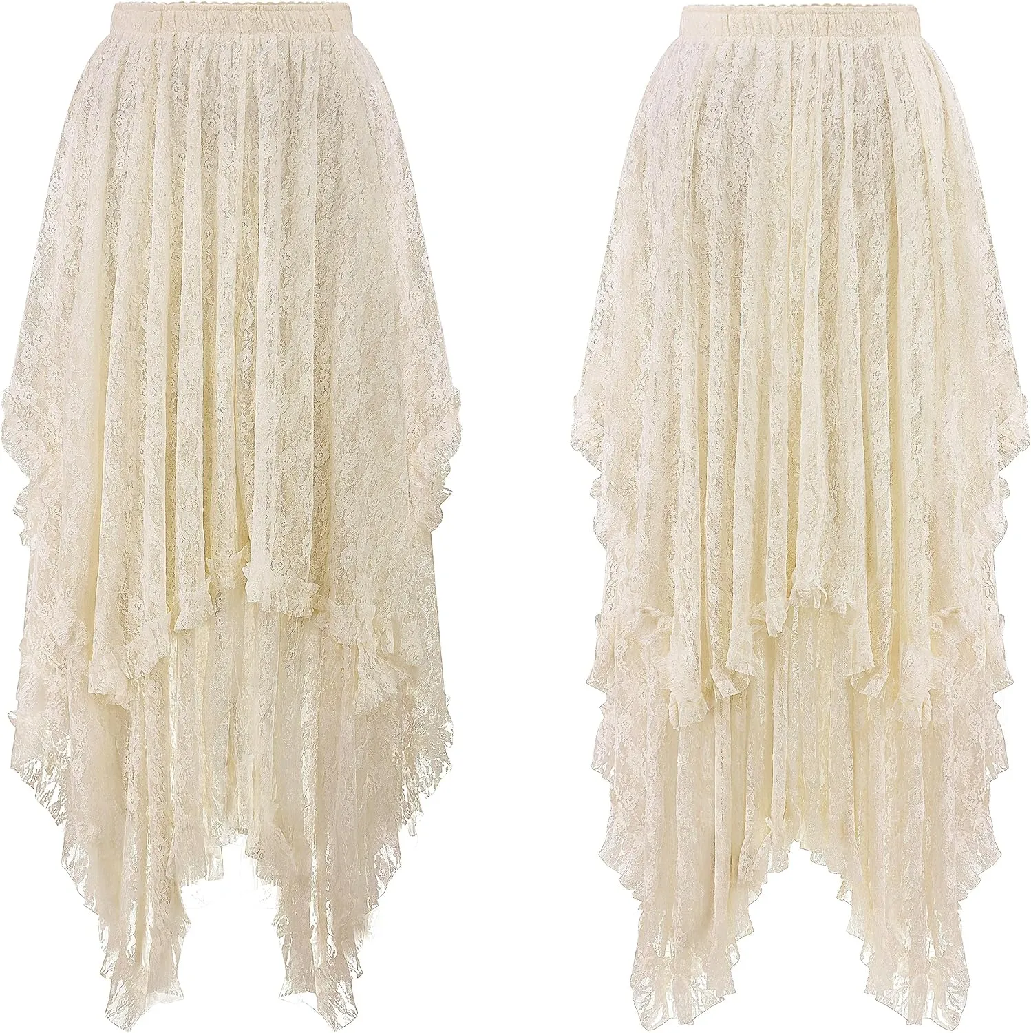 R.Vivimos Women Lace Long Skirts Summer Elastic Asymmetrical Layered Hem Sexy See-Through Beach Floral Maxi Skirts