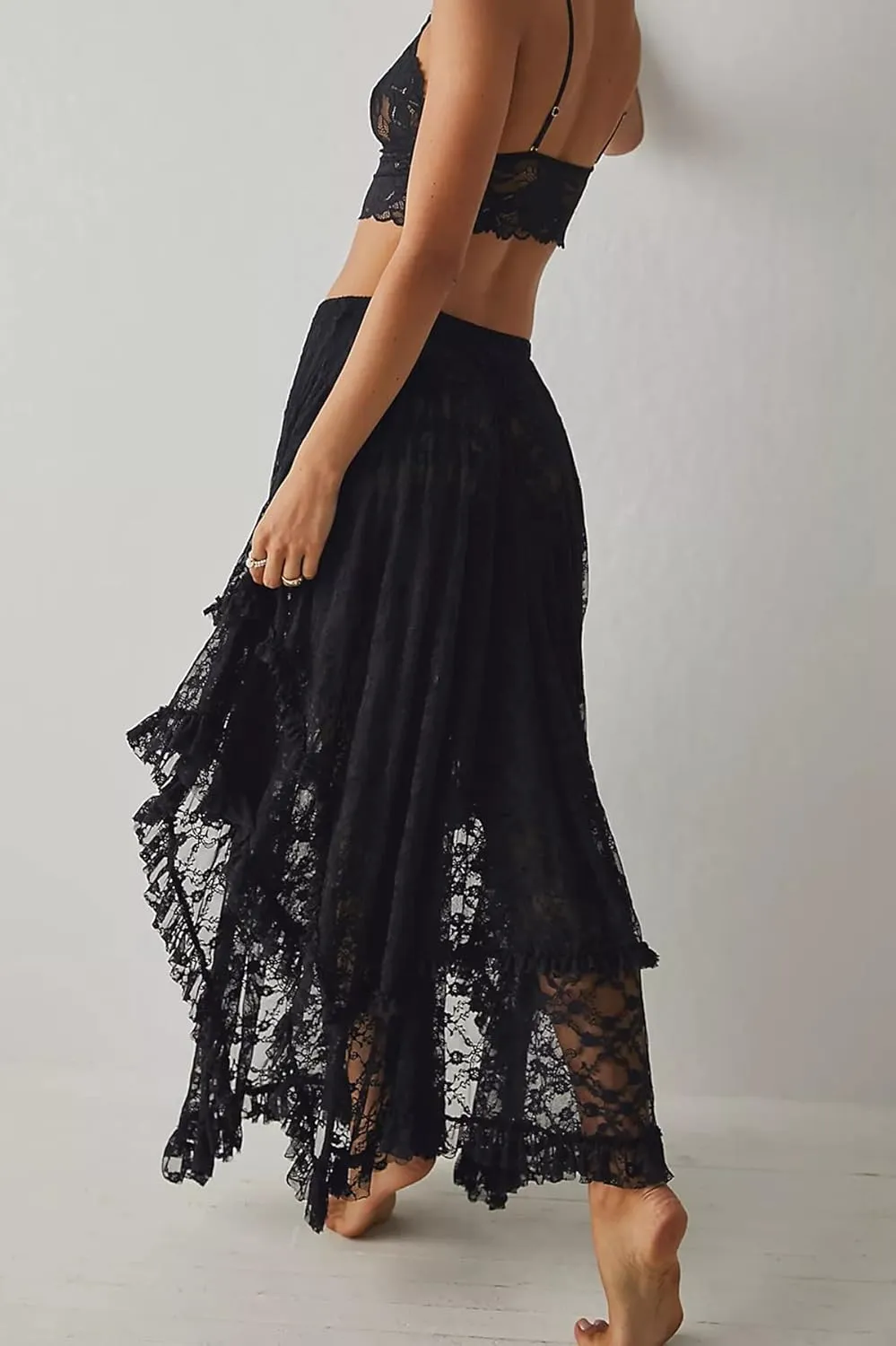 R.Vivimos Women Lace Long Skirts Summer Elastic Asymmetrical Layered Hem Sexy See-Through Beach Floral Maxi Skirts