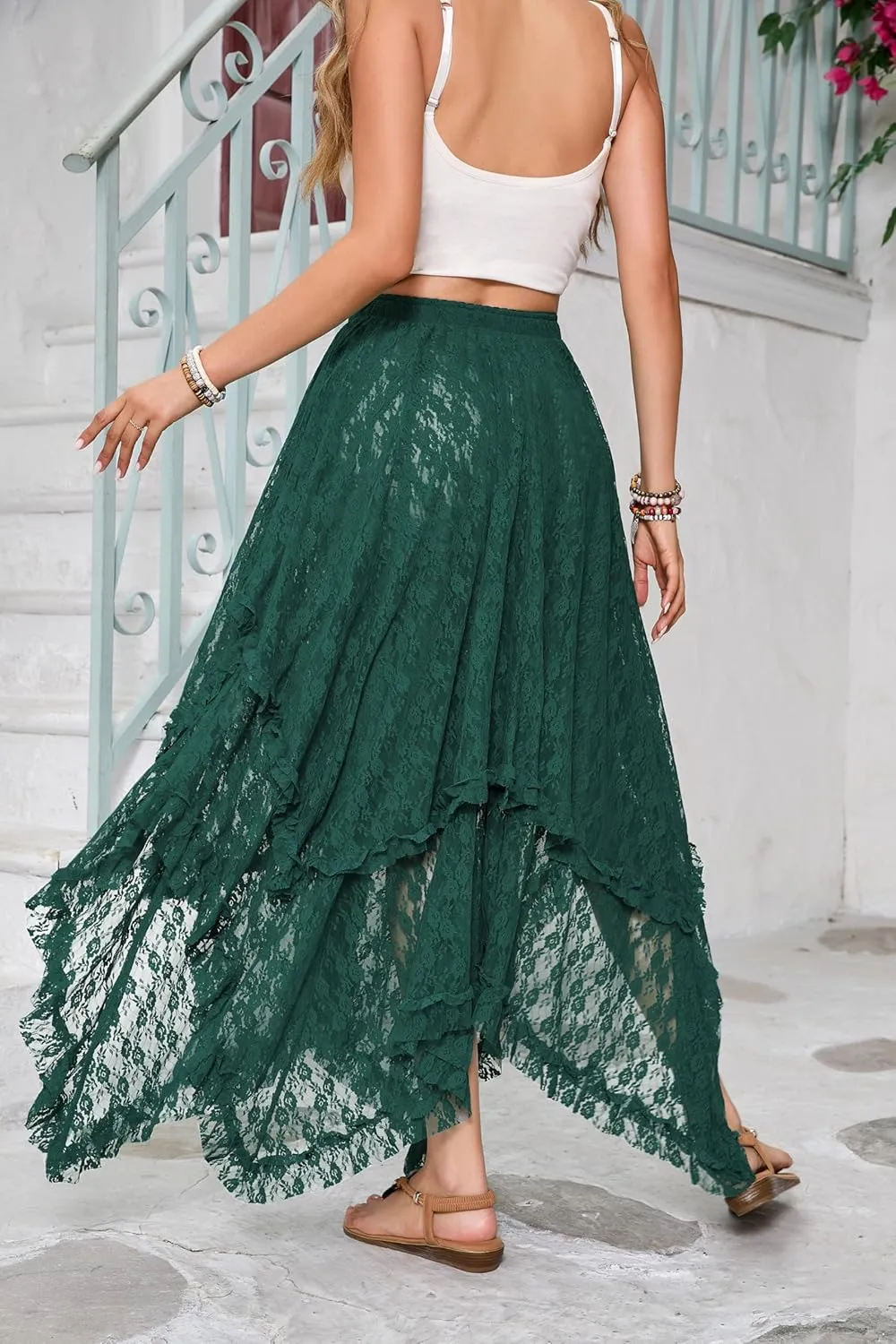 R.Vivimos Women Lace Long Skirts Summer Elastic Asymmetrical Layered Hem Sexy See-Through Beach Floral Maxi Skirts
