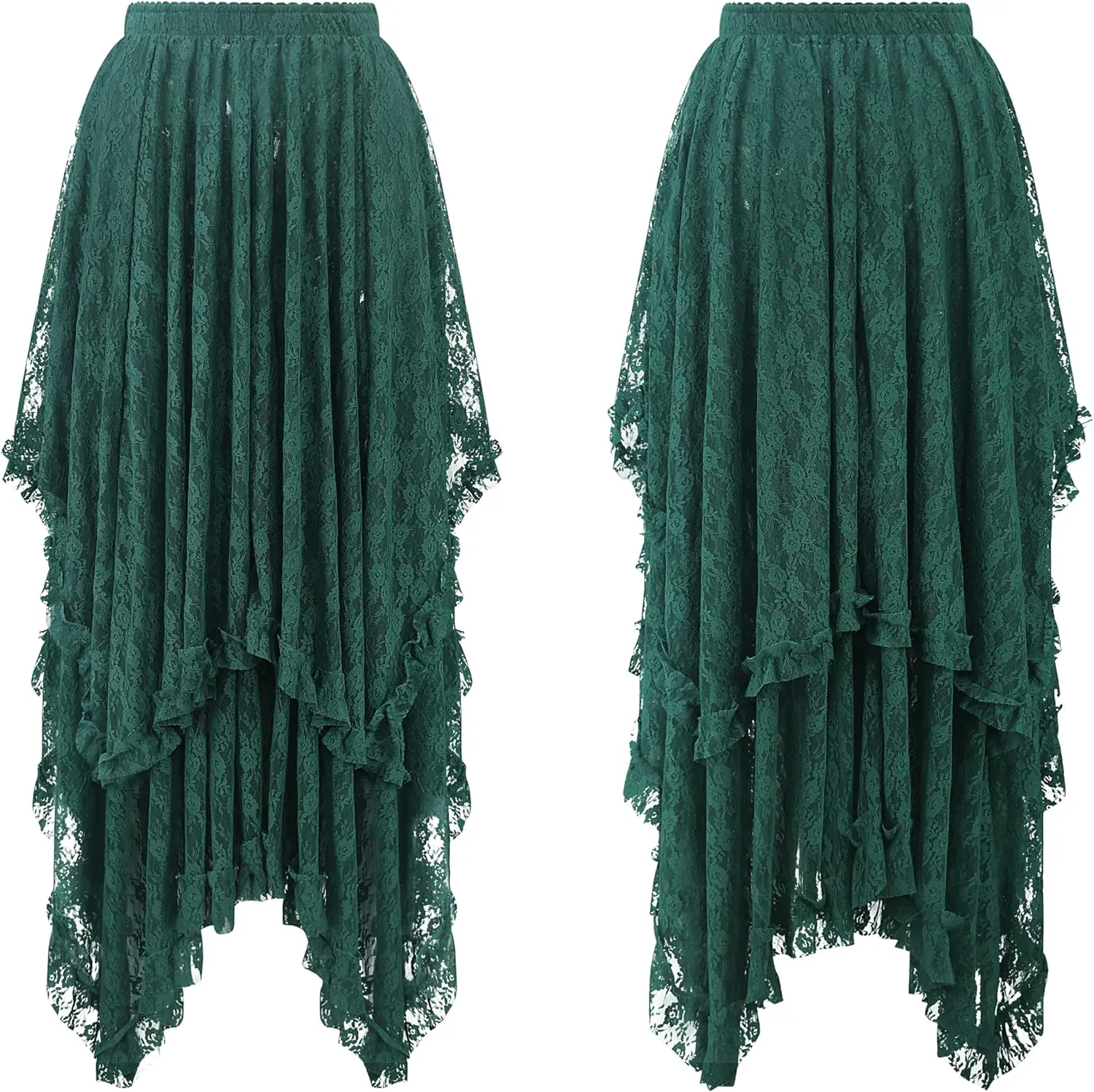 R.Vivimos Women Lace Long Skirts Summer Elastic Asymmetrical Layered Hem Sexy See-Through Beach Floral Maxi Skirts