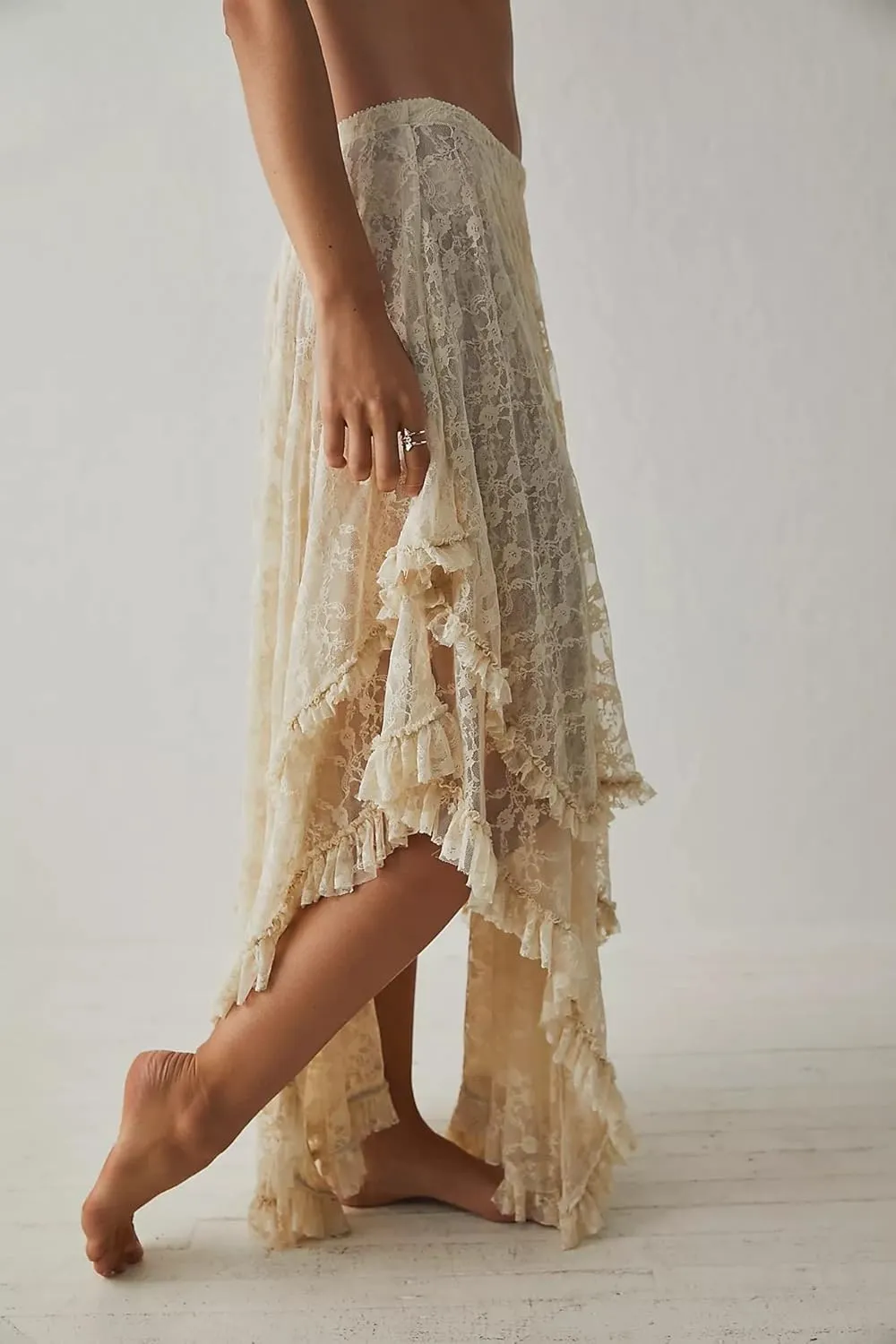 R.Vivimos Women Lace Long Skirts Summer Elastic Asymmetrical Layered Hem Sexy See-Through Beach Floral Maxi Skirts