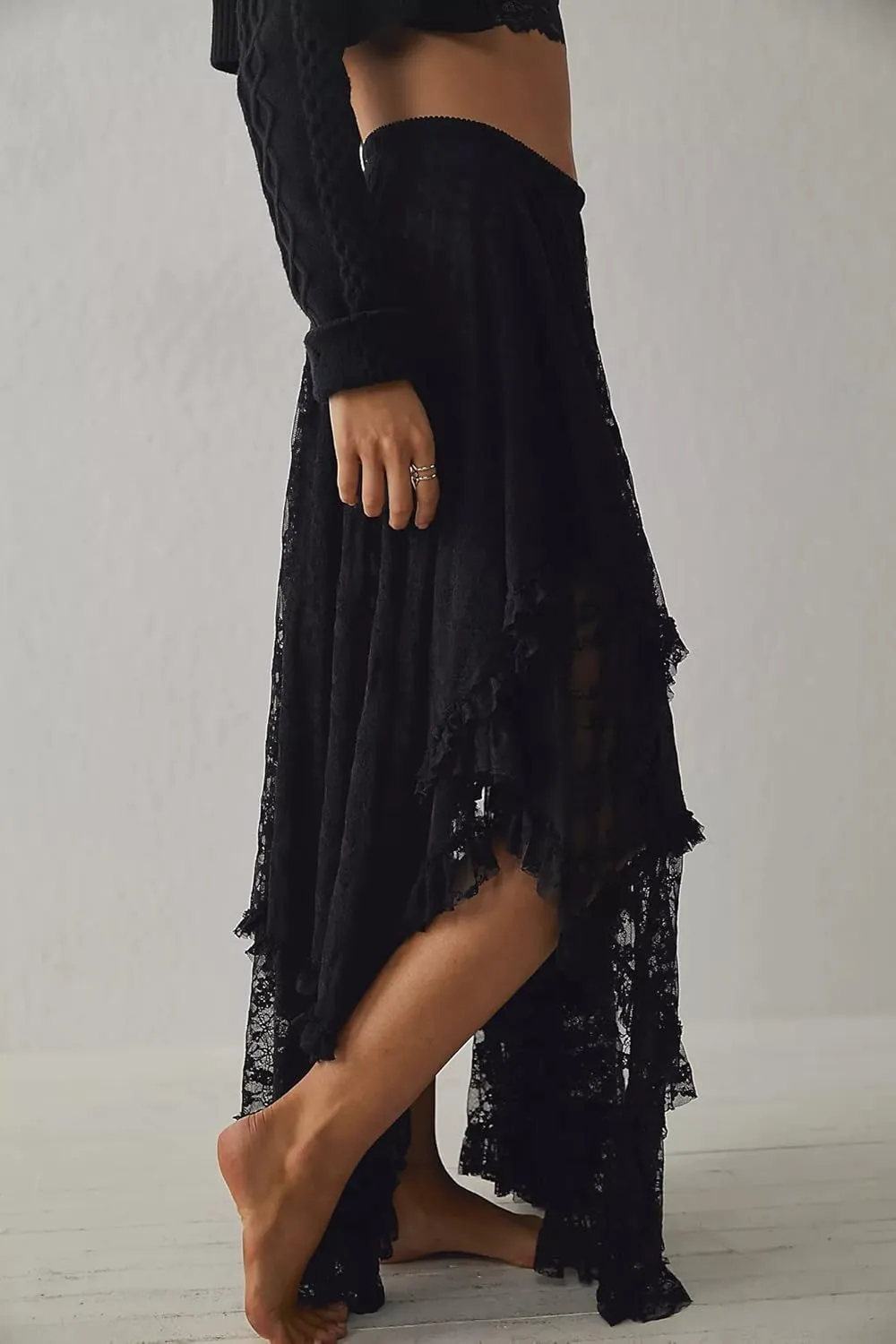 R.Vivimos Women Lace Long Skirts Summer Elastic Asymmetrical Layered Hem Sexy See-Through Beach Floral Maxi Skirts