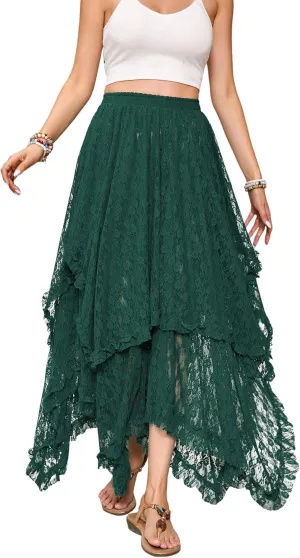 R.Vivimos Women Lace Long Skirts Summer Elastic Asymmetrical Layered Hem Sexy See-Through Beach Floral Maxi Skirts