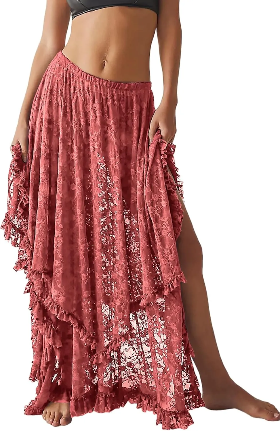 R.Vivimos Women Lace Long Skirts Summer Elastic Asymmetrical Layered Hem Sexy See-Through Beach Floral Maxi Skirts