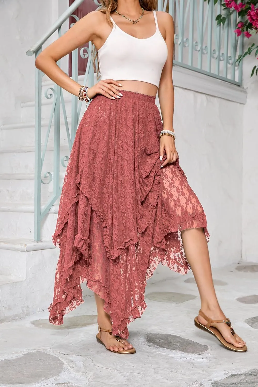 R.Vivimos Women Lace Long Skirts Summer Elastic Asymmetrical Layered Hem Sexy See-Through Beach Floral Maxi Skirts