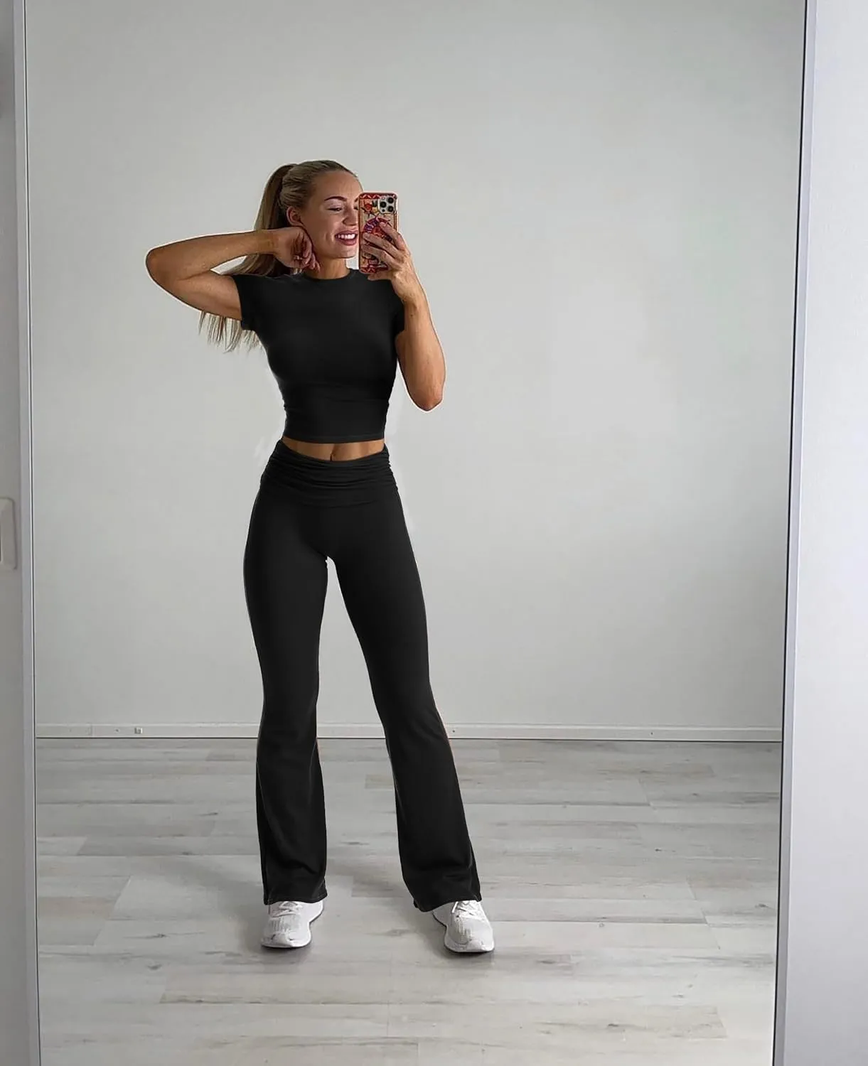 RXRXCOCO Women's 2 Piece Lounge Sets Y2K Crop Tops Fold Over Flare Pants Casual Outfits Matching Sets