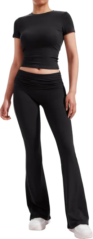 RXRXCOCO Women's 2 Piece Lounge Sets Y2K Crop Tops Fold Over Flare Pants Casual Outfits Matching Sets