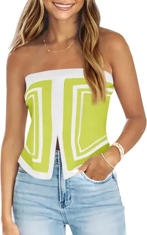 Saodimallsu Womens Strapless Crop Tube Tops Sexy Sleeveless Knit Summer Trendy Color Block Asymmetrical Y2k Bandeau Top
