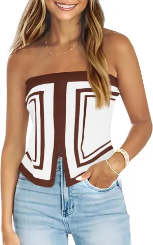 Saodimallsu Womens Strapless Crop Tube Tops Sexy Sleeveless Knit Summer Trendy Color Block Asymmetrical Y2k Bandeau Top