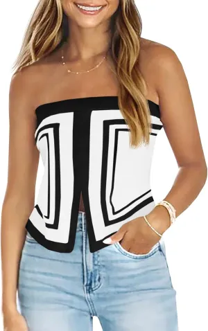 Saodimallsu Womens Strapless Crop Tube Tops Sexy Sleeveless Knit Summer Trendy Color Block Asymmetrical Y2k Bandeau Top