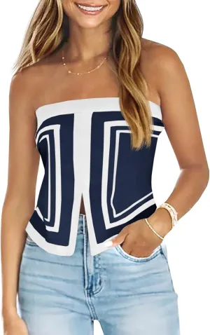 Saodimallsu Womens Strapless Crop Tube Tops Sexy Sleeveless Knit Summer Trendy Color Block Asymmetrical Y2k Bandeau Top