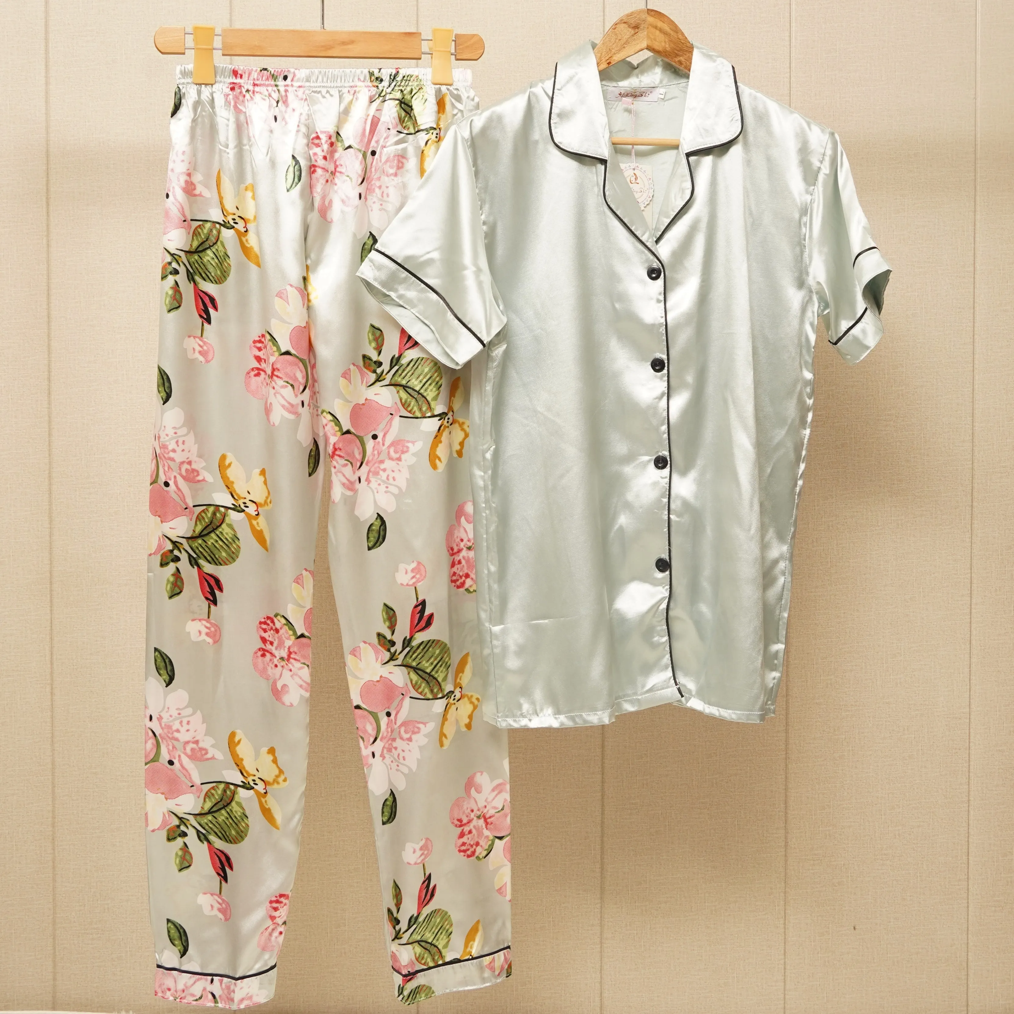 Satin Silk Shirt with flower print pajama (WF-012)