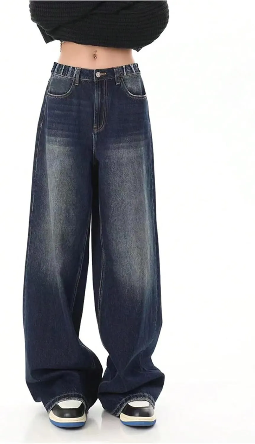 SHENHE Girl's Baggy Jeans Wide Leg Low Rise Y2k Elastic Waist Loose Jeans Denim Pants