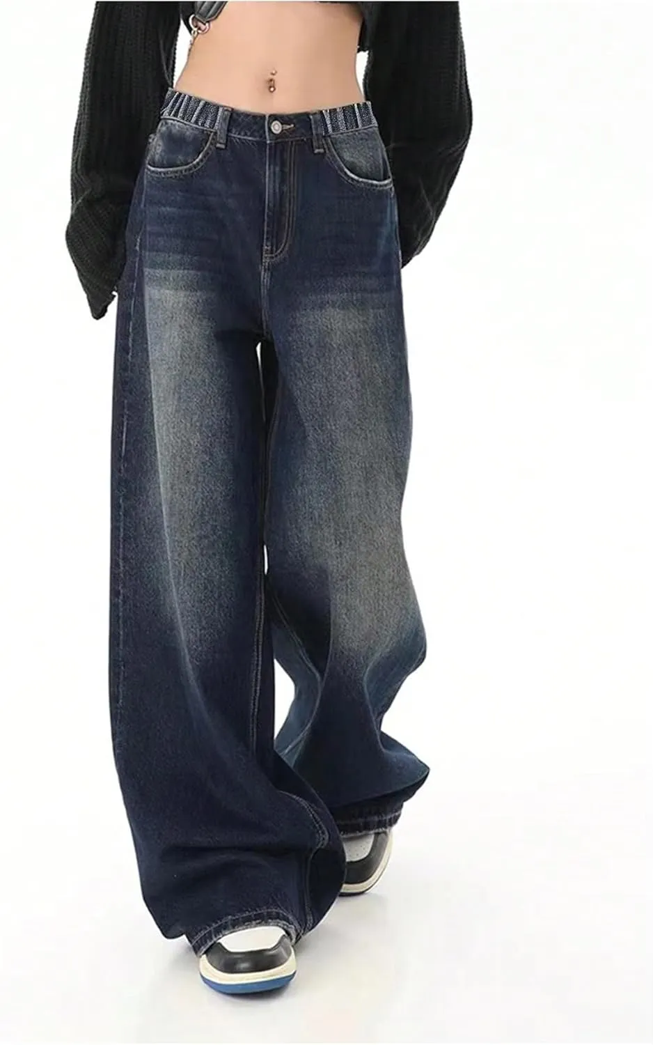 SHENHE Girl's Baggy Jeans Wide Leg Low Rise Y2k Elastic Waist Loose Jeans Denim Pants