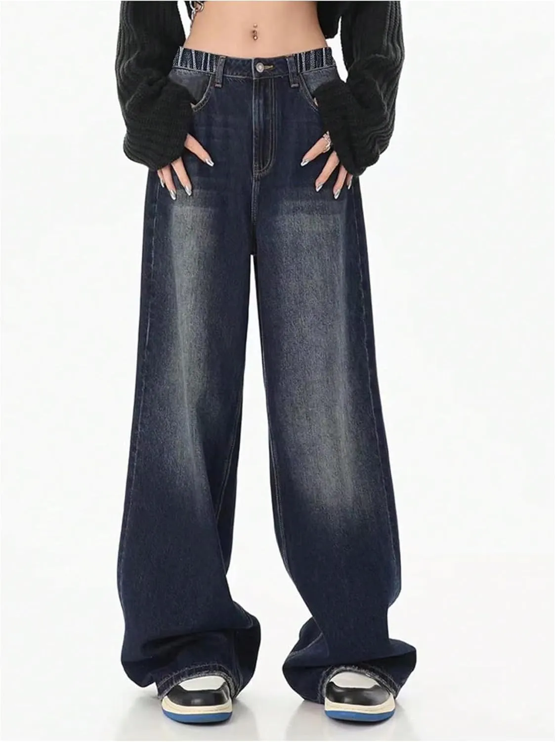 SHENHE Girl's Baggy Jeans Wide Leg Low Rise Y2k Elastic Waist Loose Jeans Denim Pants