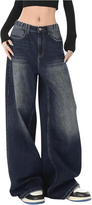 SHENHE Girl's Baggy Jeans Wide Leg Low Rise Y2k Elastic Waist Loose Jeans Denim Pants