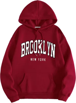 SHENHE Women's Letter Print Long Sleeve Drawstring Pullover Hoodie Sweatshirt Tops with Pocket