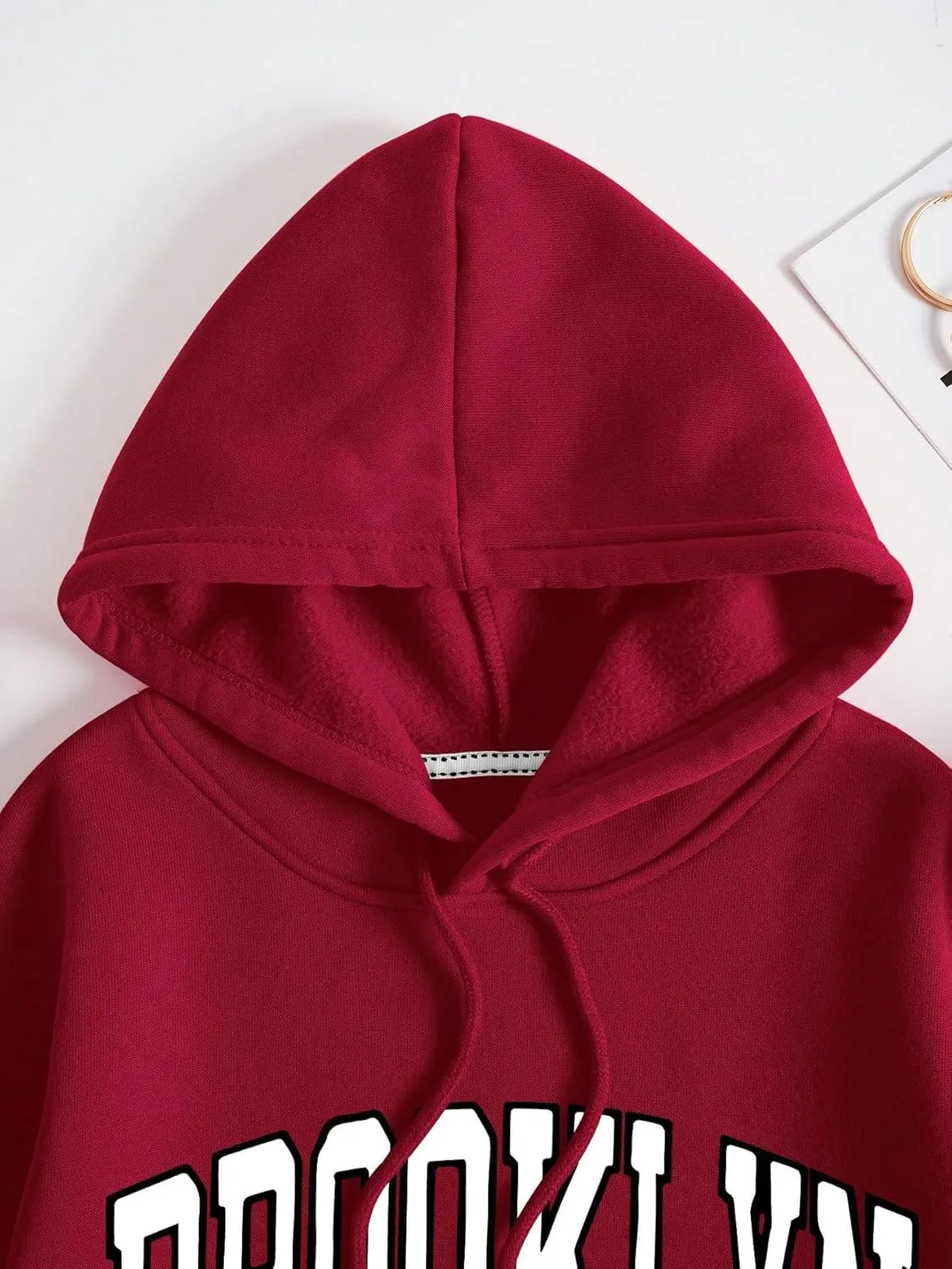SHENHE Women's Letter Print Long Sleeve Drawstring Pullover Hoodie Sweatshirt Tops with Pocket