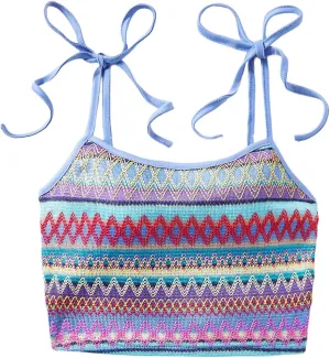 SOLY HUX Women's Boho Y2k Crop Top Camisole Tie Shoulder Spaghetti Strap Summer Cami Tops
