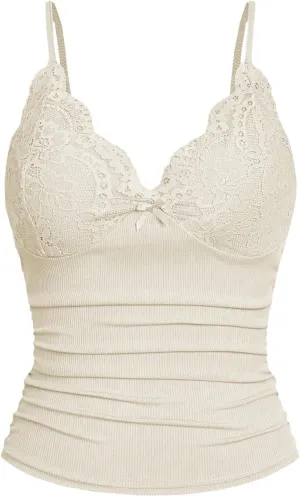 SOLY HUX Women's Lace Trim Camisole Summer V Neck Spaghetti Strap Slim Fit Going Out Cami Tops