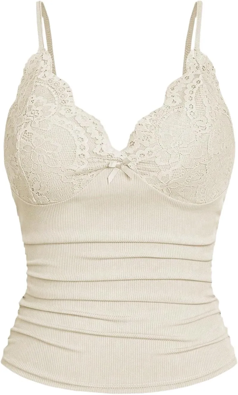 SOLY HUX Women's Lace Trim Camisole Summer V Neck Spaghetti Strap Slim Fit Going Out Cami Tops