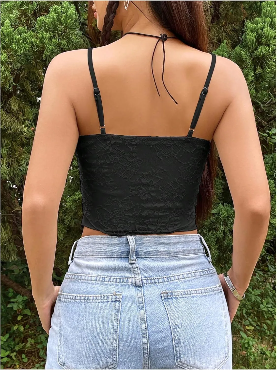 SOLY HUX Women's Lace Twist Front Split Cami Crop Tops Spaghetti Strap Asymmetrical Hem Top