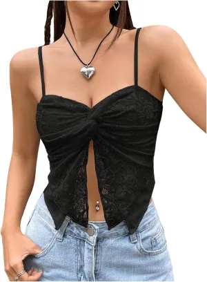 SOLY HUX Women's Lace Twist Front Split Cami Crop Tops Spaghetti Strap Asymmetrical Hem Top