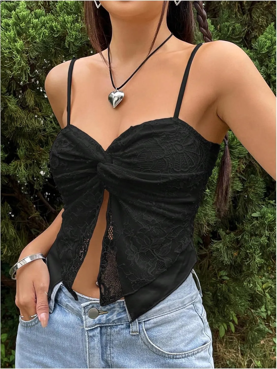 SOLY HUX Women's Lace Twist Front Split Cami Crop Tops Spaghetti Strap Asymmetrical Hem Top