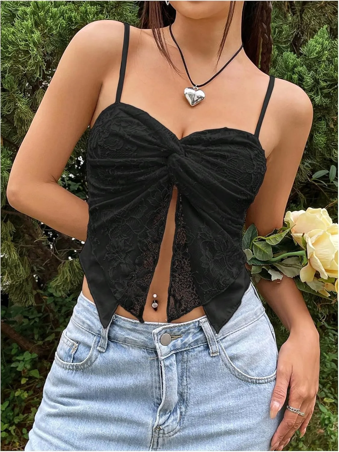 SOLY HUX Women's Lace Twist Front Split Cami Crop Tops Spaghetti Strap Asymmetrical Hem Top