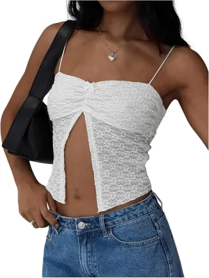 SOLY HUX Women's Sexy Floral Lace Crop Cami Top Spaghetti Strap Padded Shirts Sheer Slit Camisole