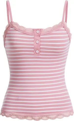 SOLY HUX Women's Striped Lace Trim Cami Crop Top Button Front Spaghetti Strap Y2k Tops
