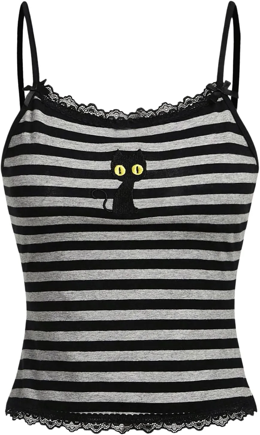 SOLY HUX Women's Y2k Lace Striped Cami Crop Tops Spaghetti Strap Cat Embroidery Camisole