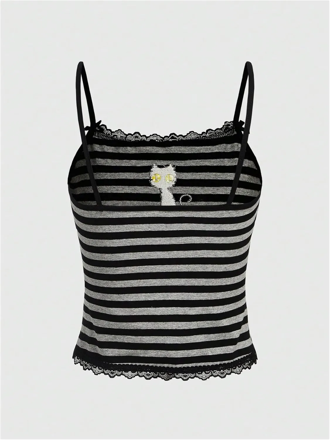 SOLY HUX Women's Y2k Lace Striped Cami Crop Tops Spaghetti Strap Cat Embroidery Camisole